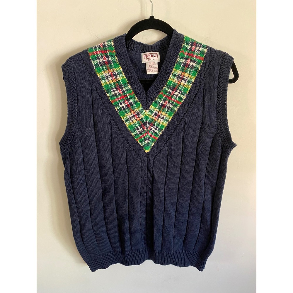PBJ Sport Mens Vintage Navy Blue Plaid Trim‎ V-Neck Cable Knit Sweater Vest L